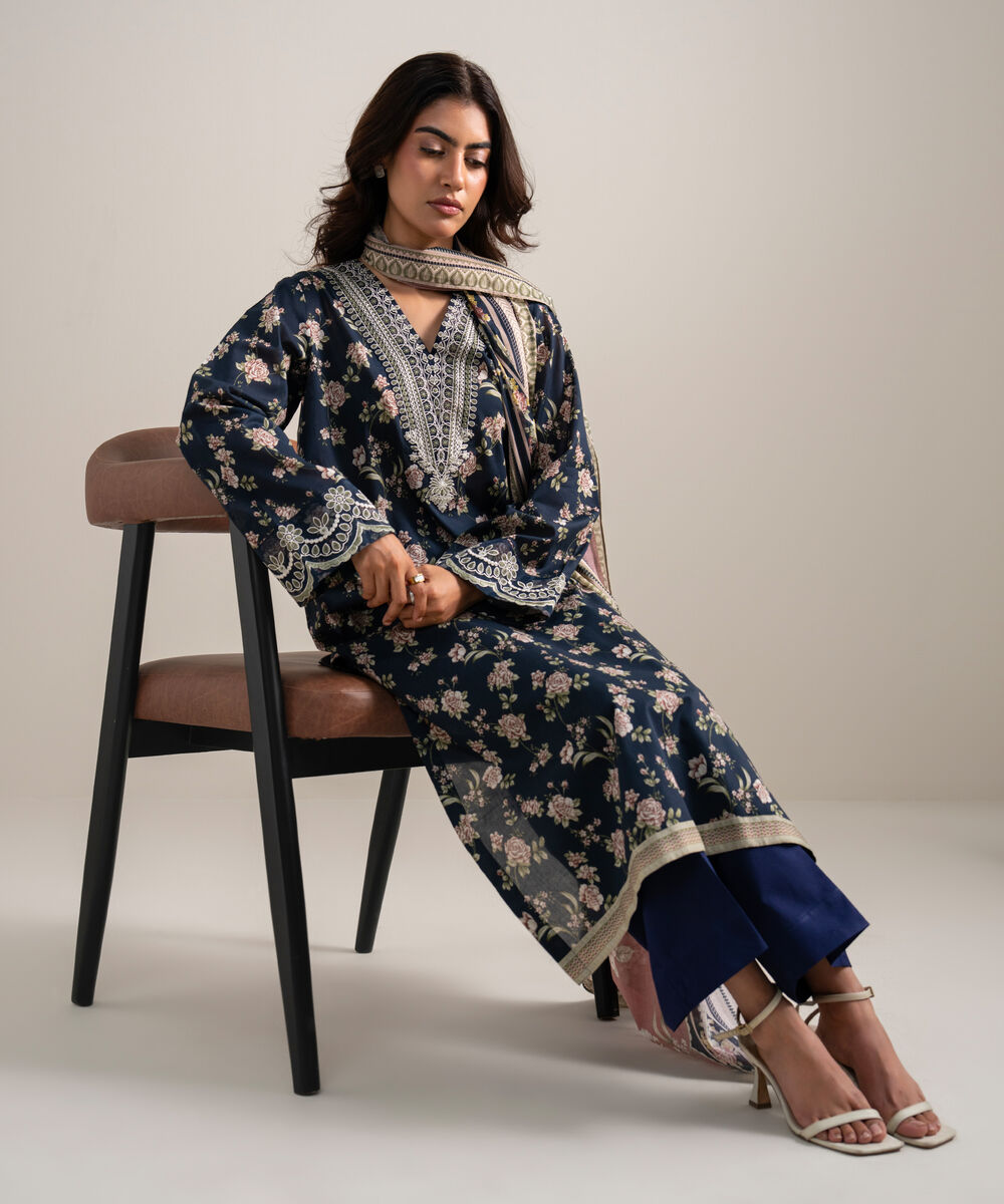 Women's Unstitched Lawn Embroidered Blue 3 Piece Suit