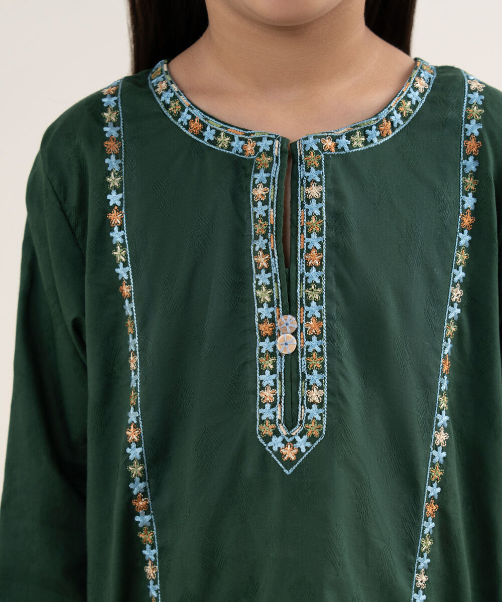 Girl's Cotton Jacquard Embroidered Green 2 Piece Set