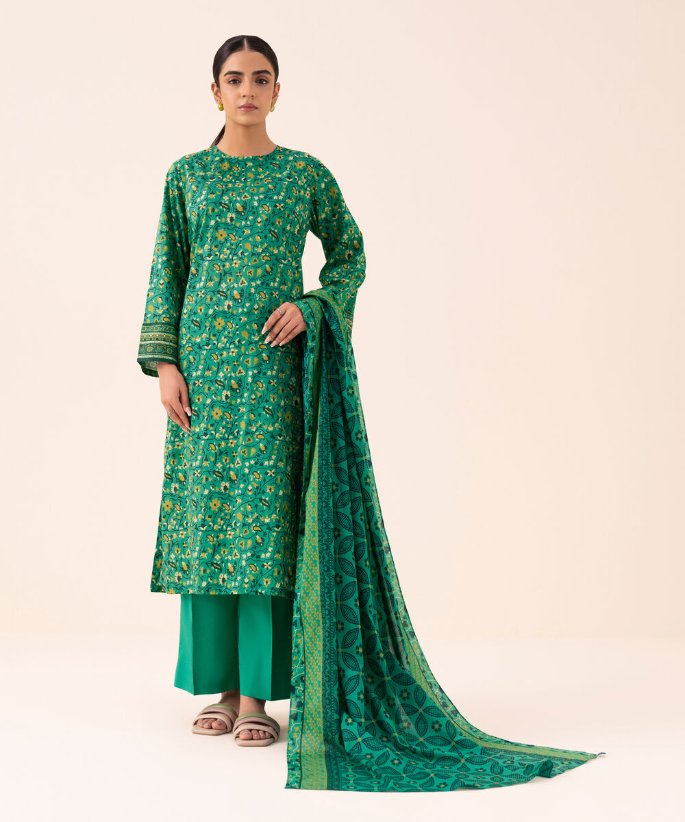 Women's Unstitched Cotton Printed Green Three Piece Suit