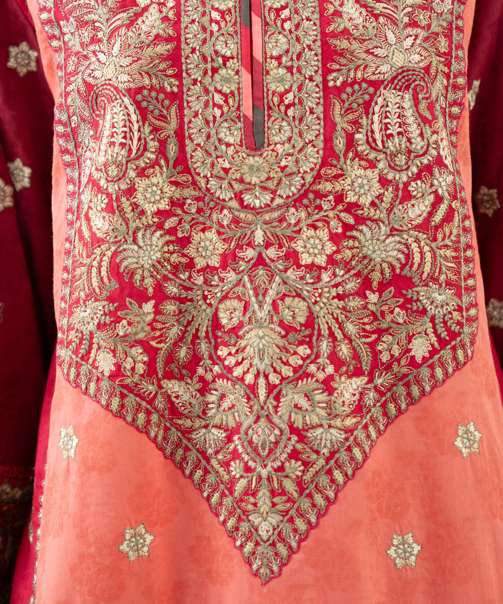 Women's RTW Cotton Jacquard Red Embroidered A-Line Shirt