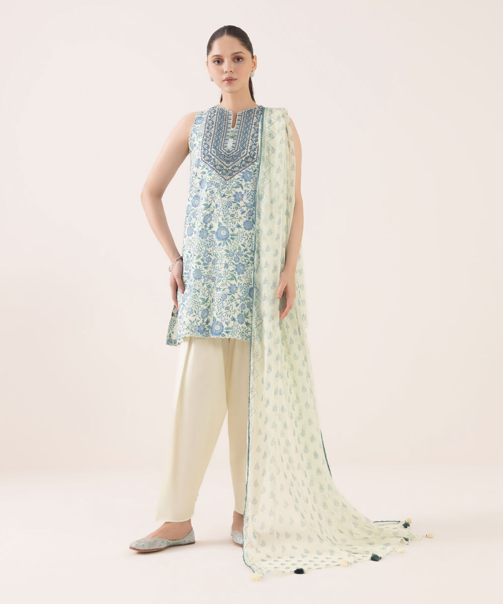 Women's Unstitched Cotton Embroidered Multi Three Piece Suit