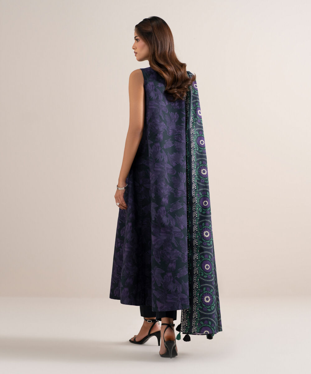Women's Unstitched Lawn Printed Black and Purple 3 Piece Suit