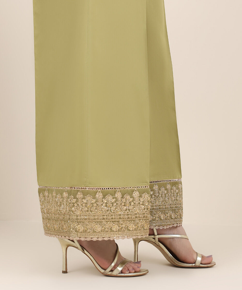 Women's RTW Cotton Satin Green Embroidered Culottes