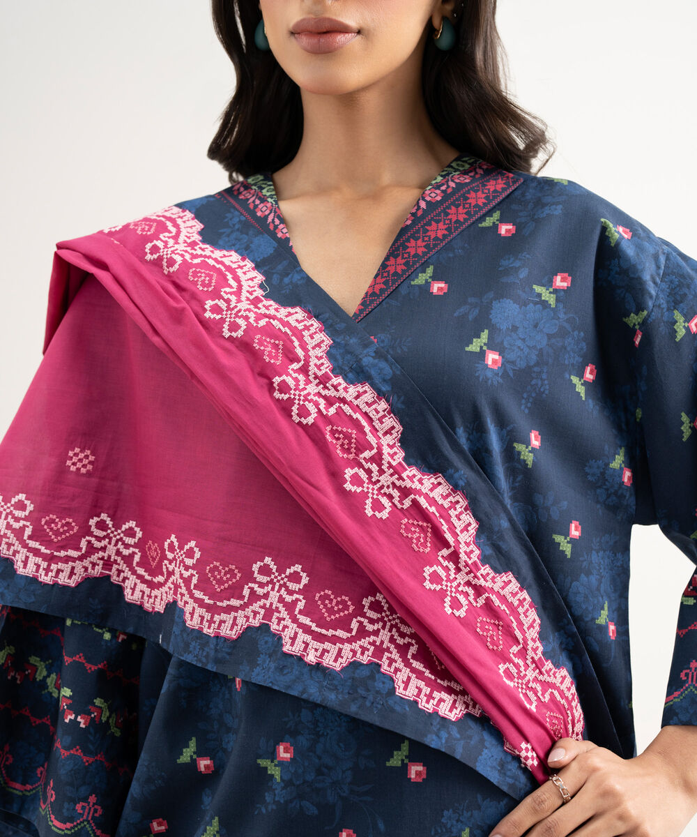 Women's Unstitched Lawn Embroidered Blue 3 Piece Suit