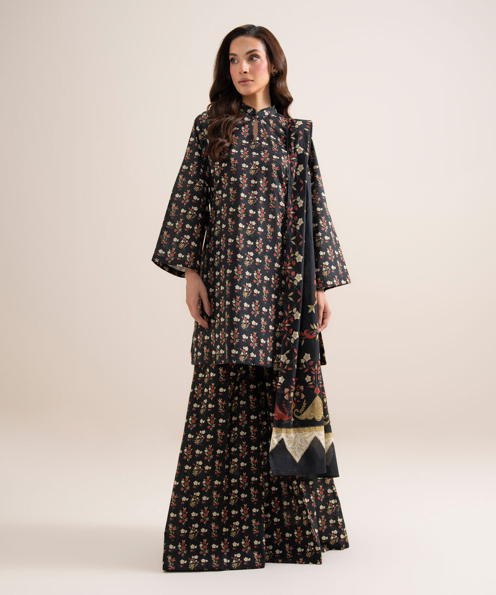 Women's Unstitched Lawn Printed Black 3 Piece Suit