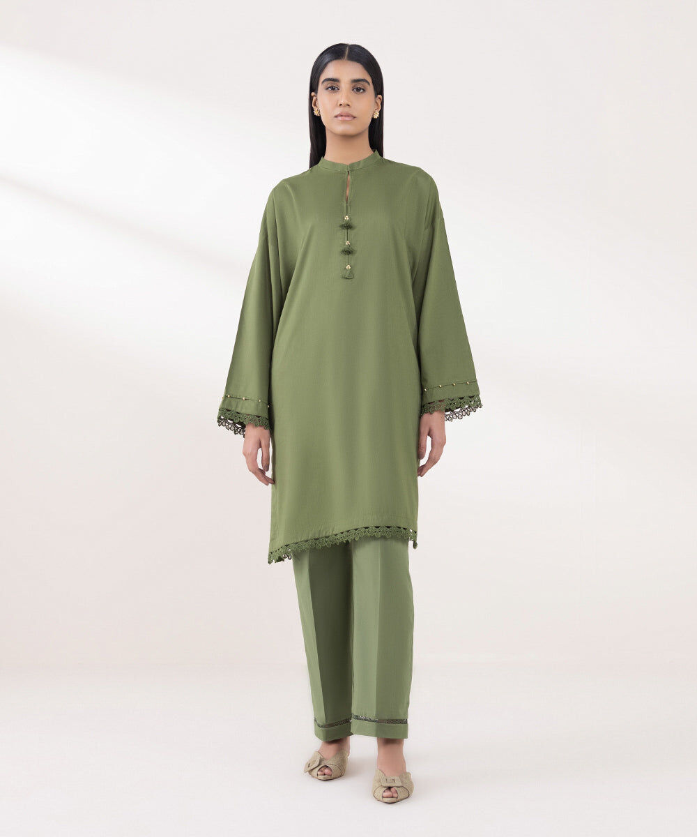Women's Pret Cotton Viscose Solid Green Boxy Shirt