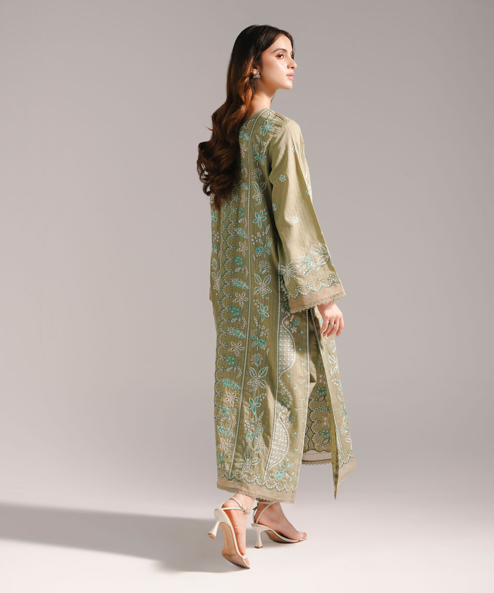 Women's RTW Textured Cotton Embroidered Olive Green 2 Piece Suit
