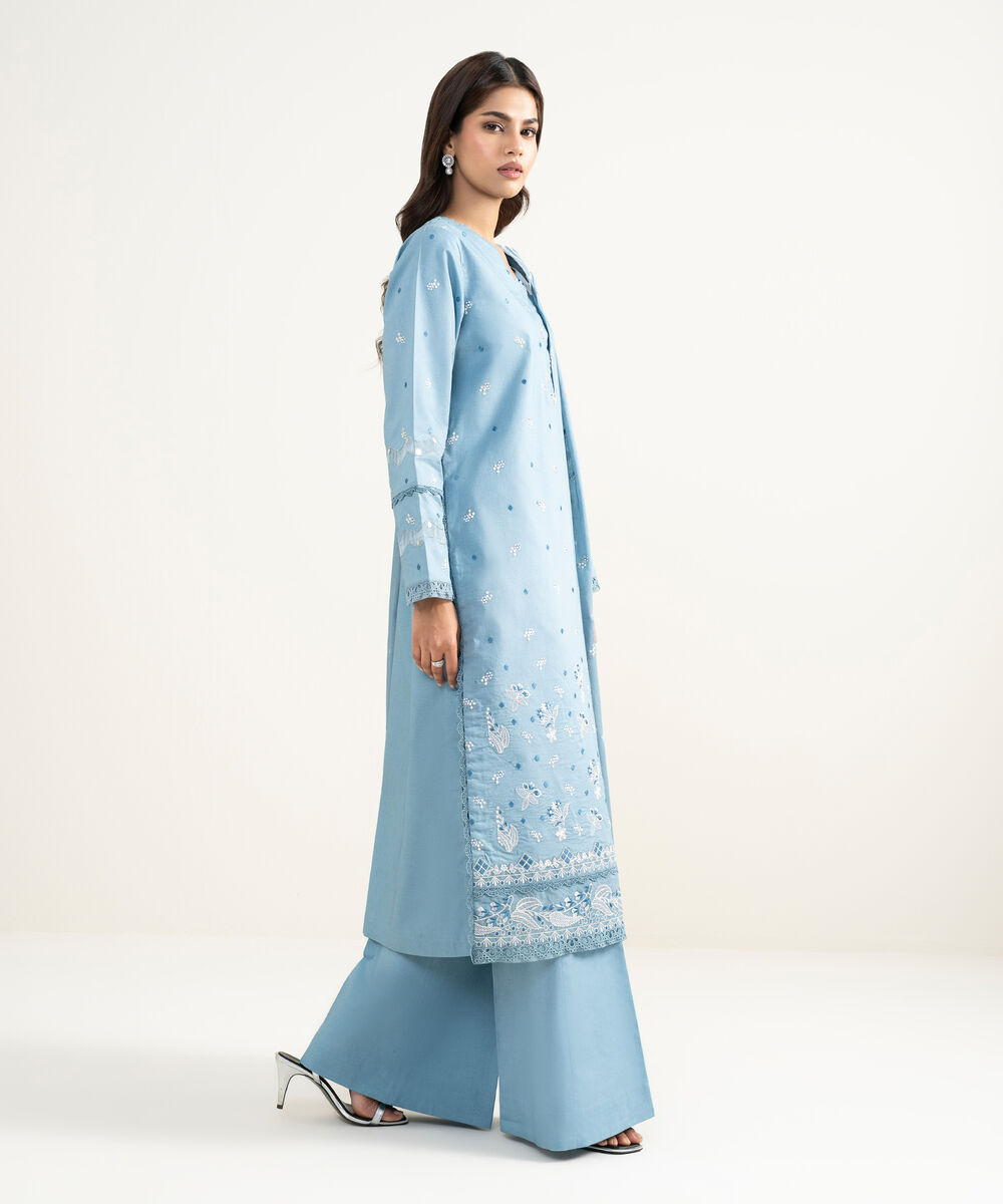Women's Unstitched Textured Lawn Embroidered Blue 3 Piece Suit
