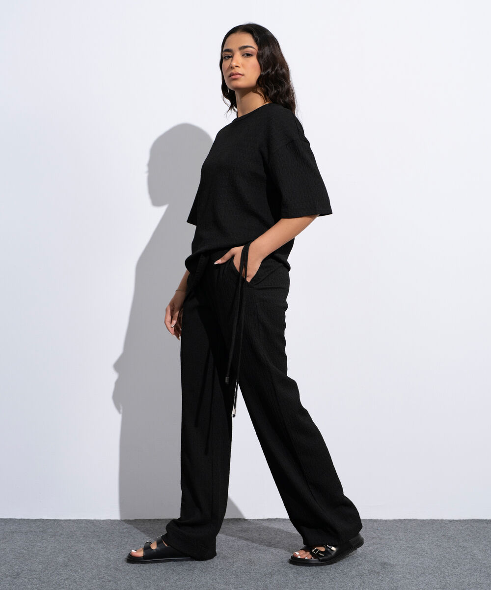 Women's Black Pull-On  Textured Trousers With Tie Detail