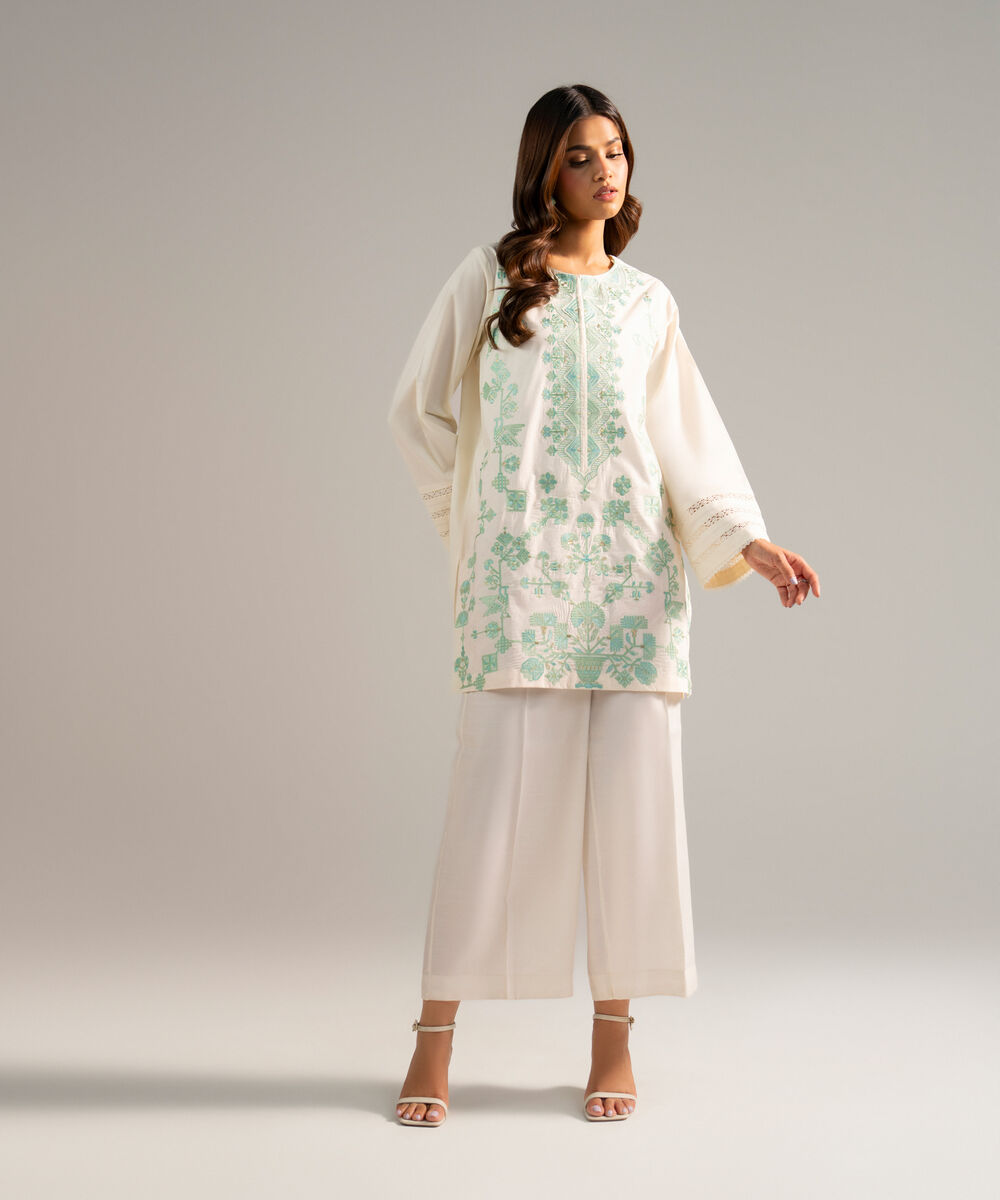 Women's RTW Poplin Embroidered Off White Straight Shirt