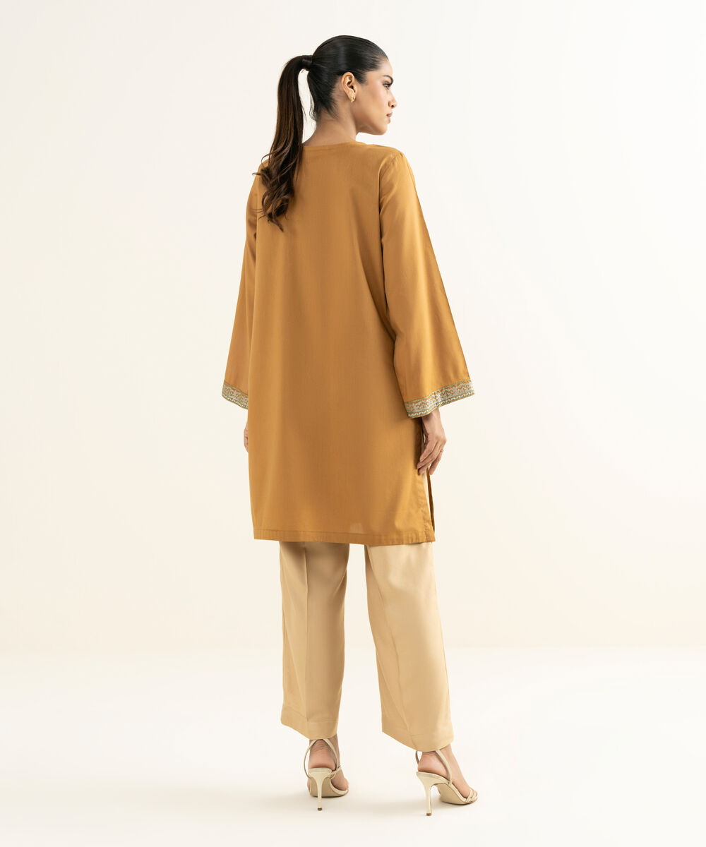 Women's RTW Linen Viscose Embroidered Mustard Straight Shirt