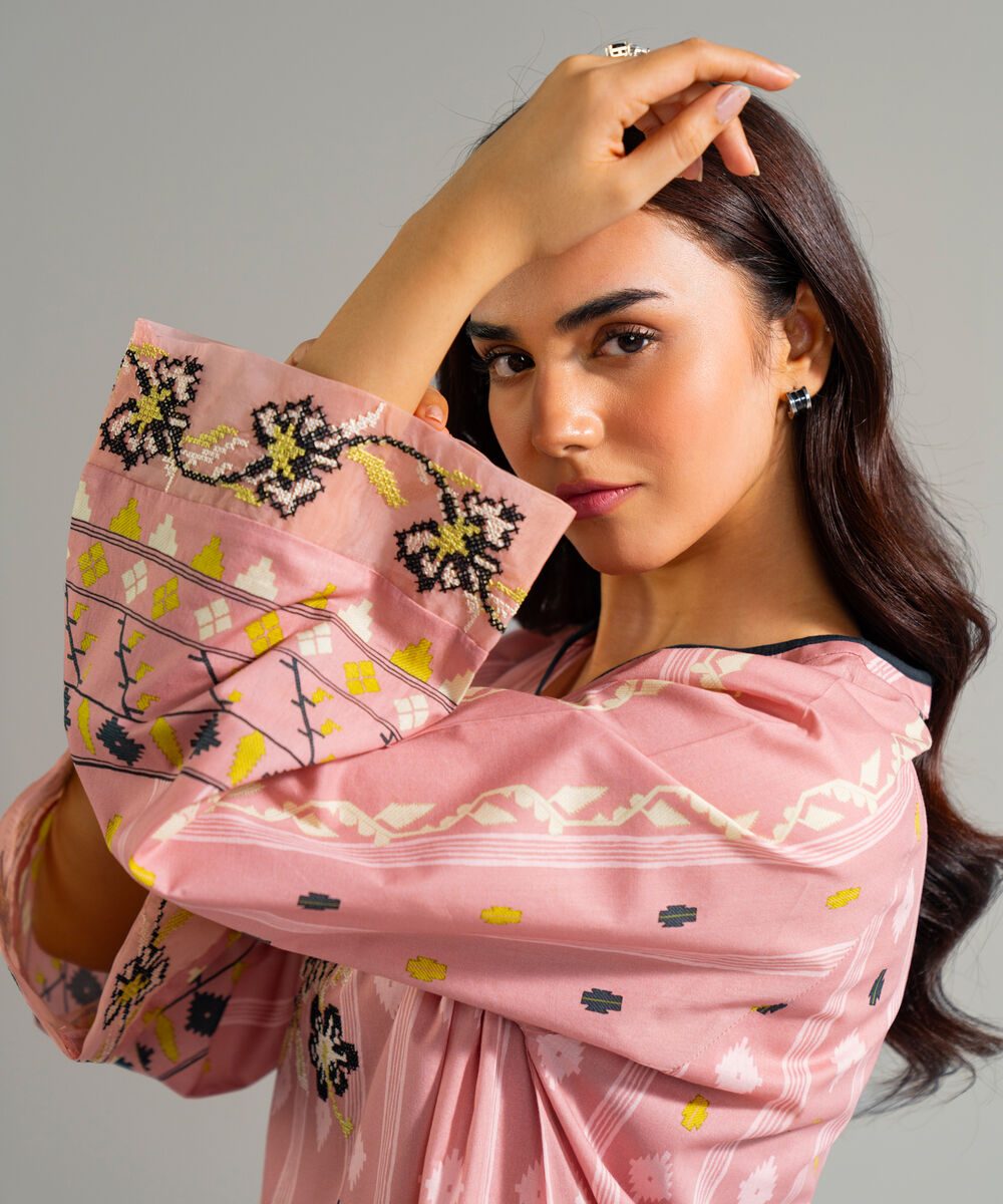 Women's RTW Lawn Embroidered Pink Straight Shirt