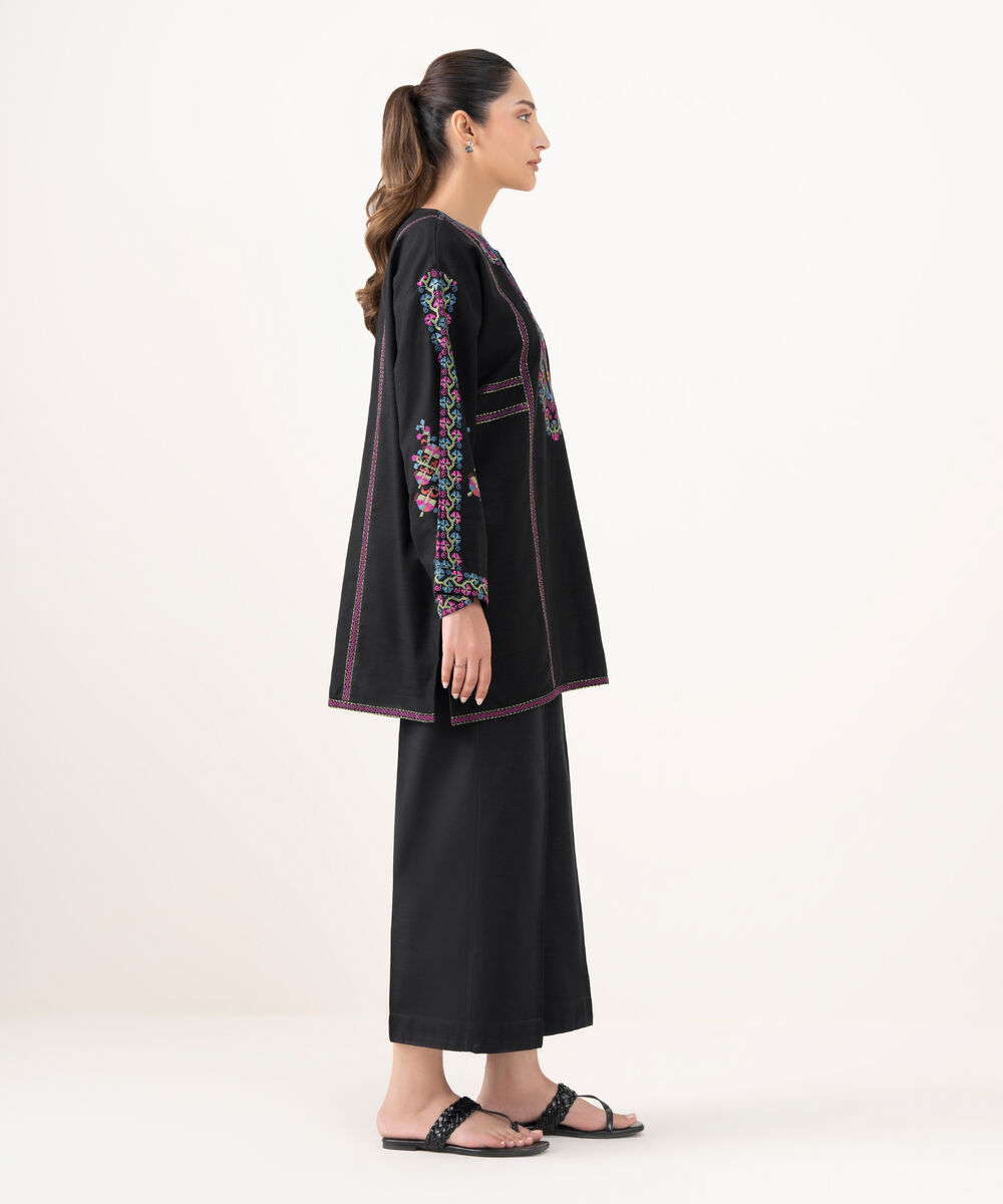 Women's RTW Cotton Embroidered Black Drop Shoulder Shirt