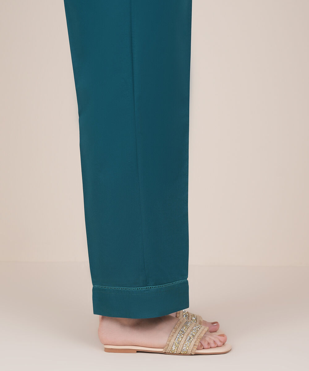 Women's RTW Cambric Blue Solid Straight Pants