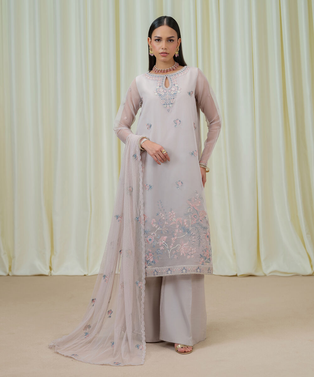 Women's Unstitched Blended Organza Embroidered Grey 3 Piece Suit