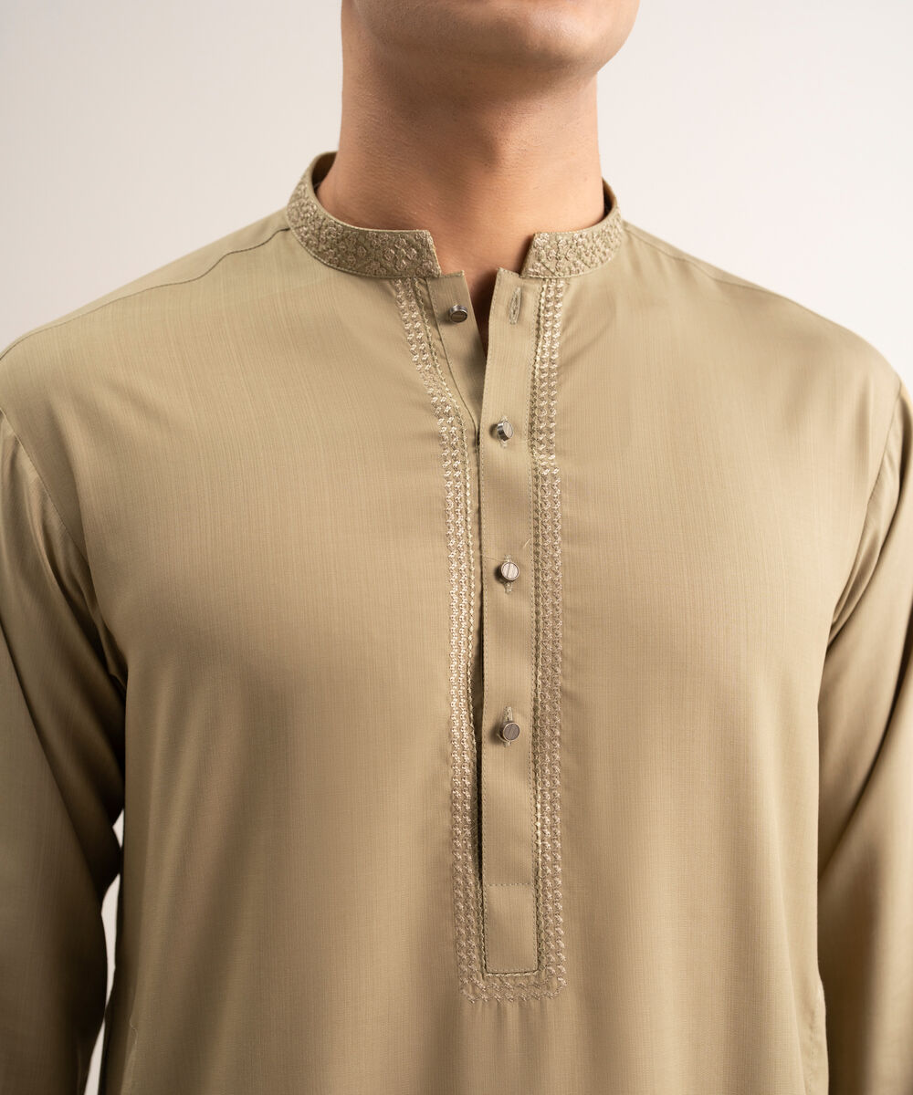 Men'S Stitched Olive Premium Wash And  Wear Suit