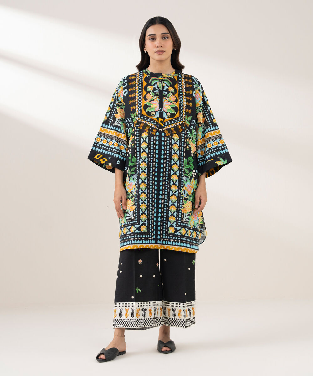 Women's RTW Khaddar Printed Straight Blue Shirt