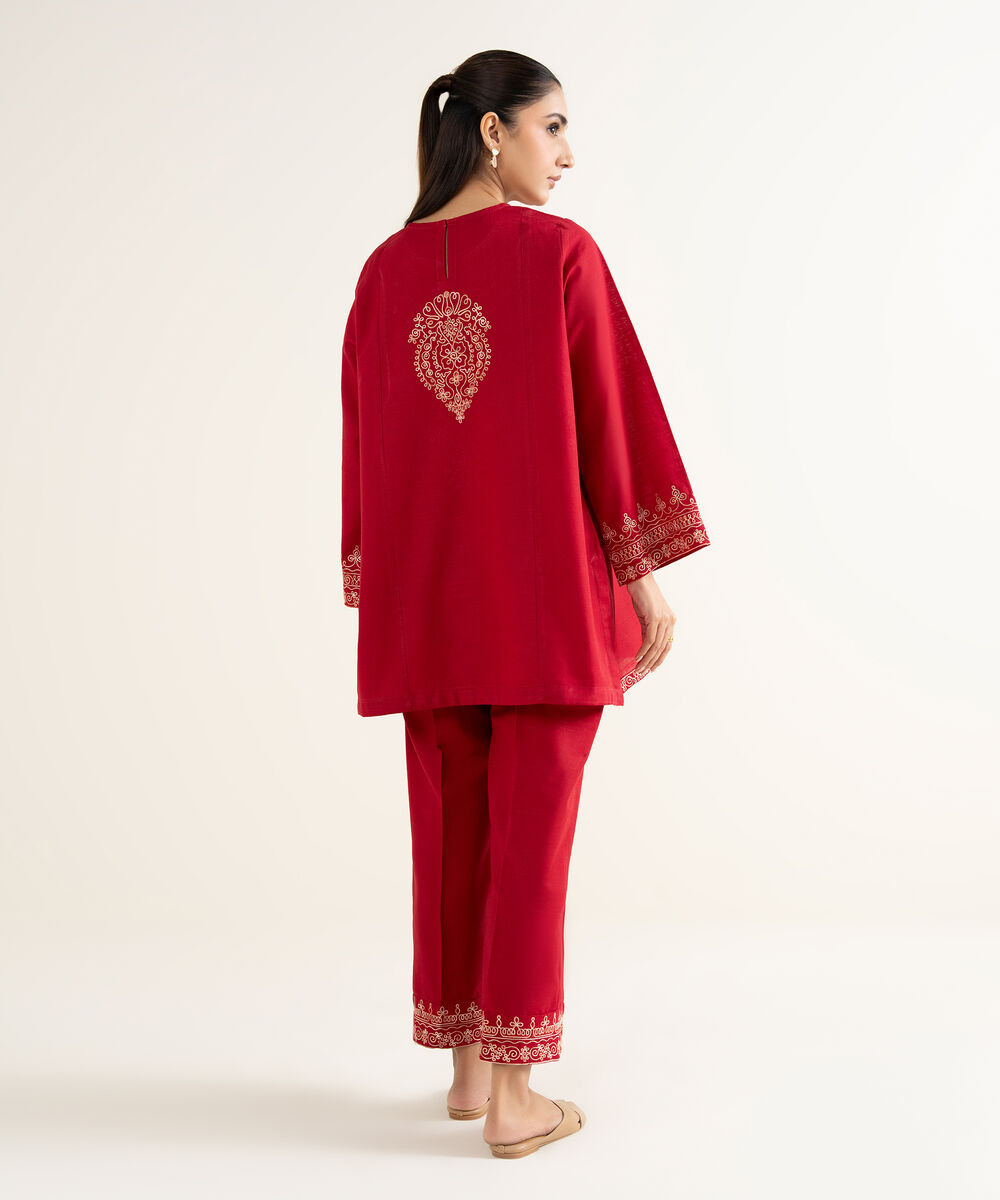 Women's RTW Khaddar Embroidered Red Straight Shirt