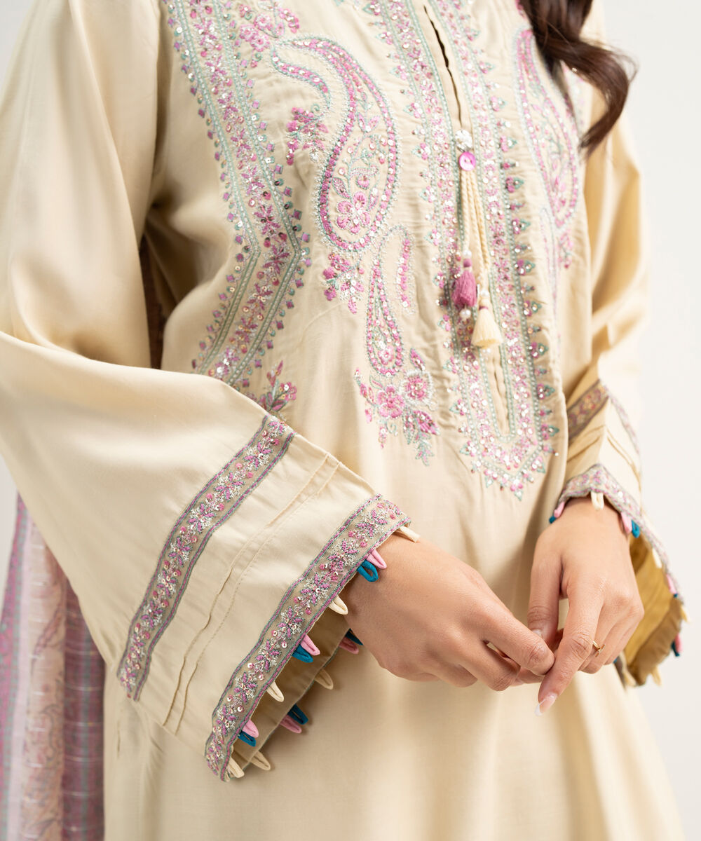 Women's RTW Viscose Raw Silk Embroidered Beige 3 Piece Suit