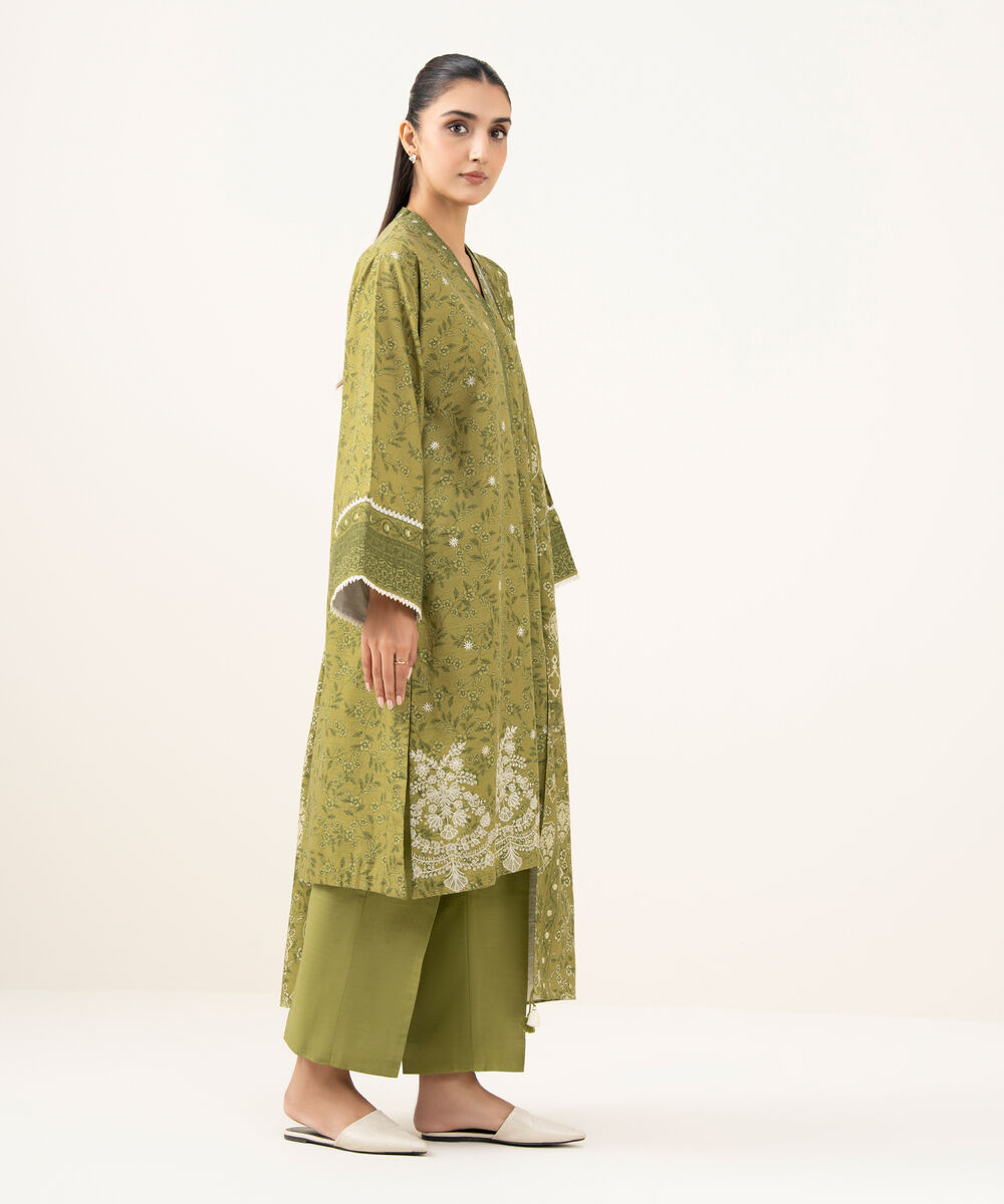 Women's Unstitched Cotton Embroidered Green 2 Piece Suit
