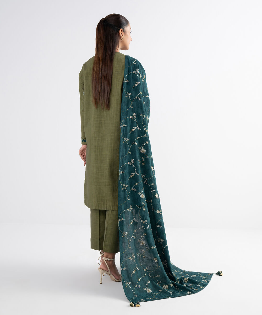 Women's Unstitched Cross Hatch Embroidered Green 3 Piece Suit