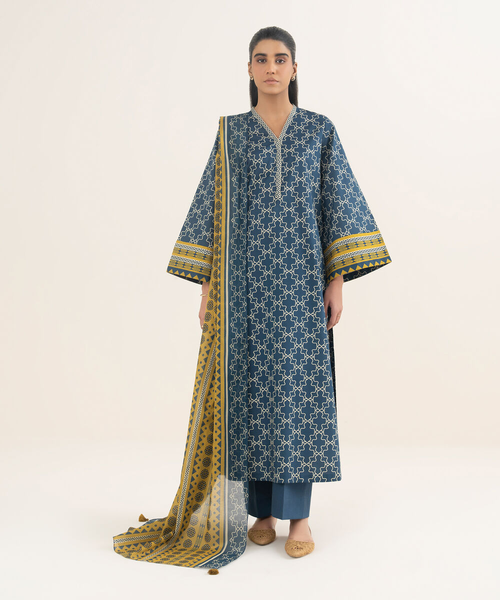 Women's Unstitched Lawn Printed Blue 3 Piece Suit