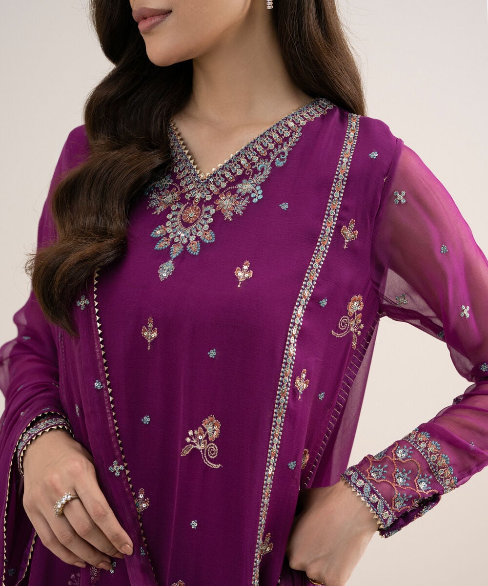 3 Piece - Embroidered Chiffon Suit — Sapphire view 4