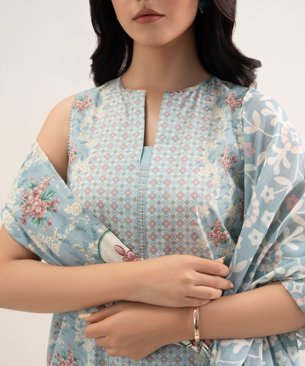 Women's Unstitched Lawn Printed Blue 3 Piece Suit