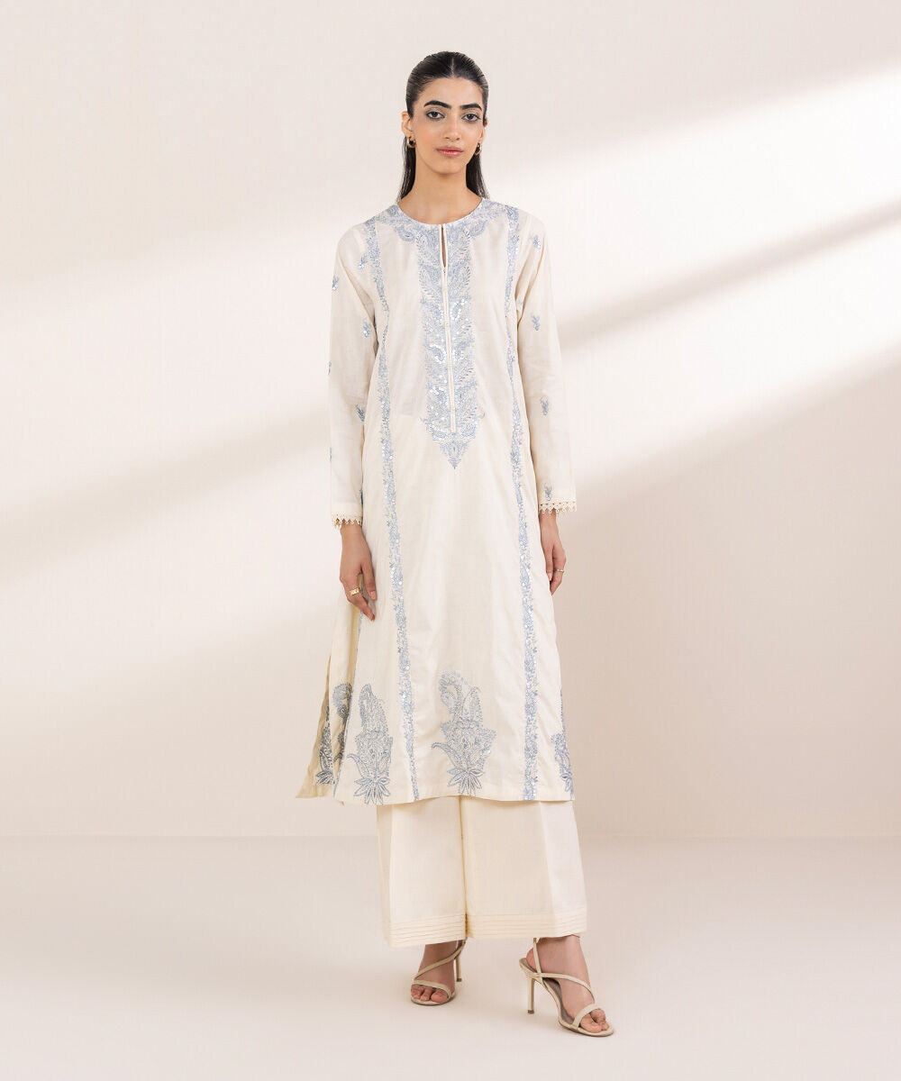 Women's RTW Cotton Jacquard Off White Embroidered A-Line Shirt