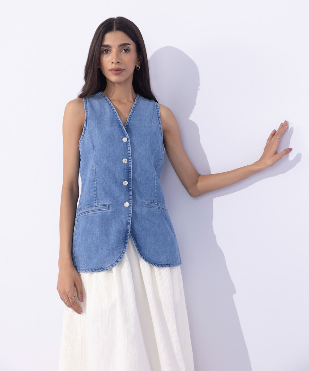 Women's Western Wear Blue Denim Waistcoat