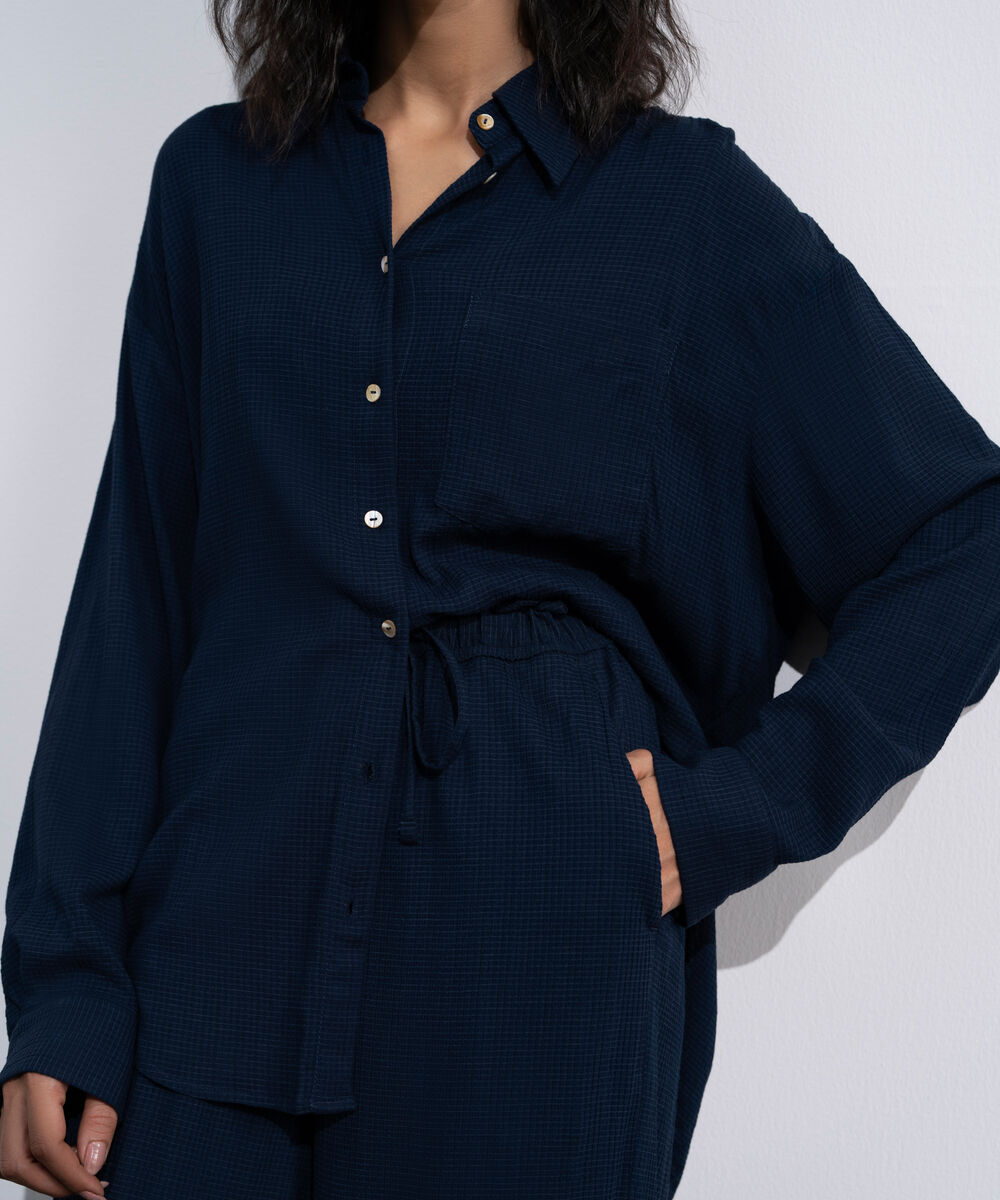 Women's Blue Button Through Seersucker Shirt