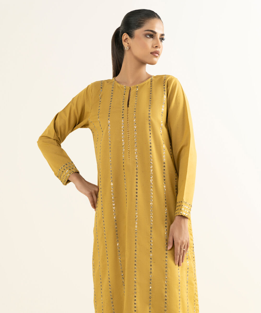 Women's RTW Multineps Embroidered Mustard A-Line Shirt