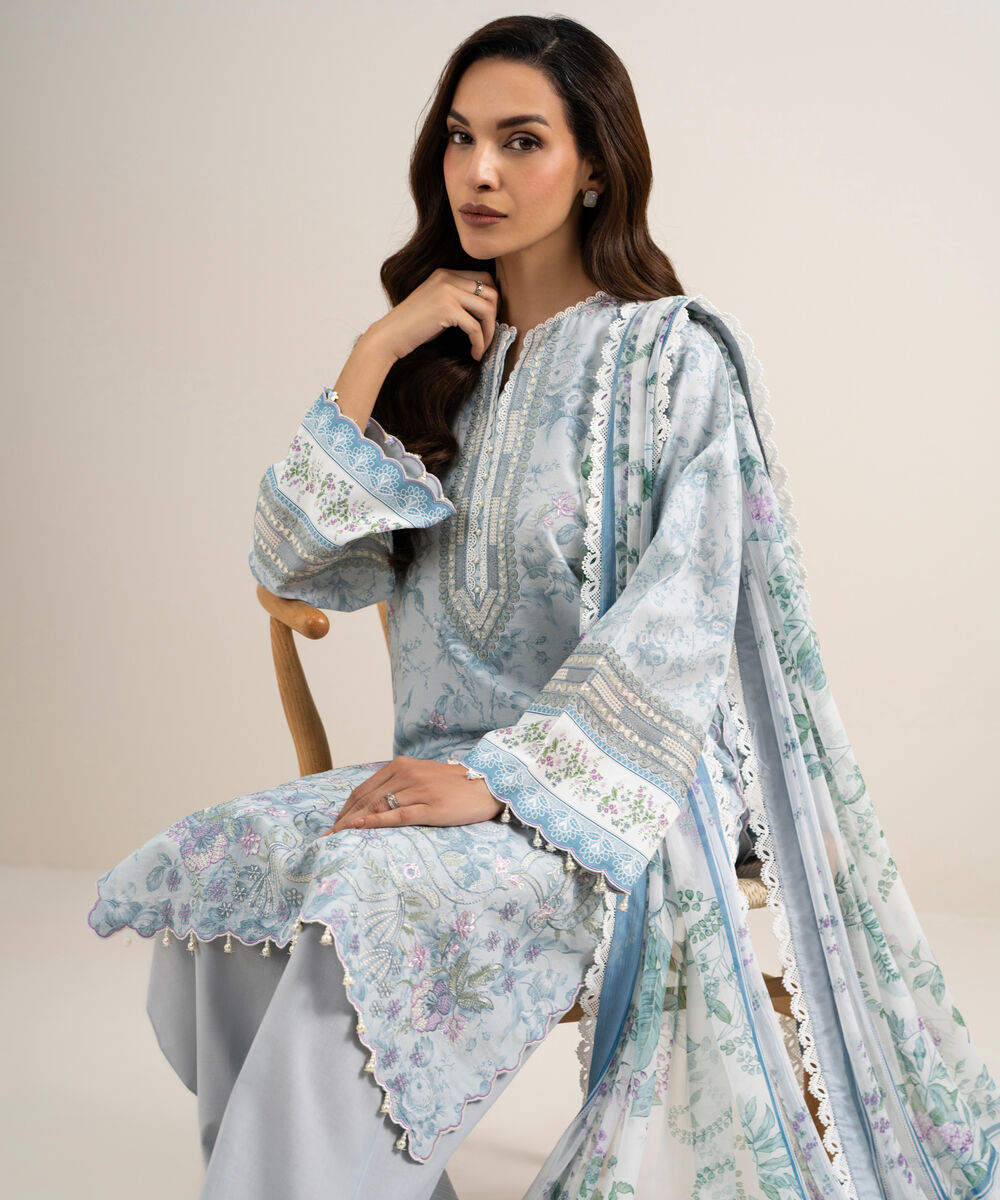 Women's Unstitched Lawn Embroidered Blue