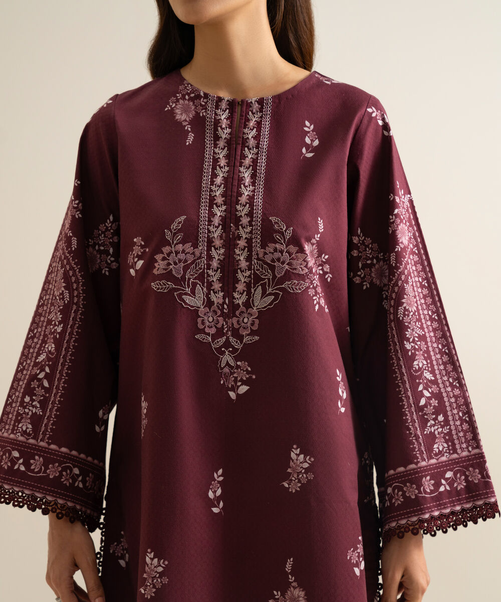 Women's Unstitched Blended Chiffon Printed Maroon 3 Piece Suit