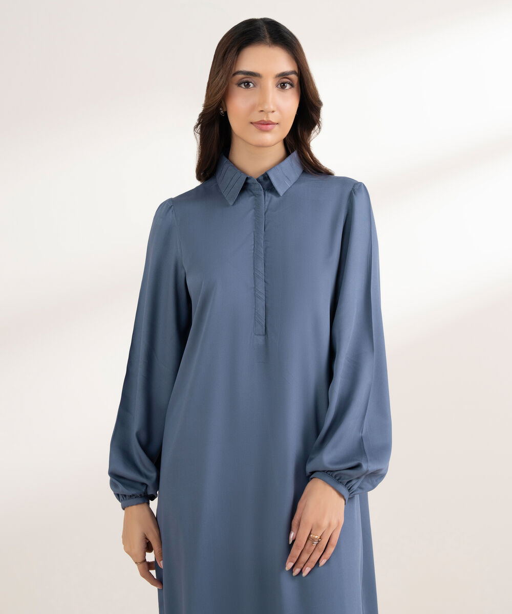 Women's RTW Bedford Solid Straight Steel Blue Shirt