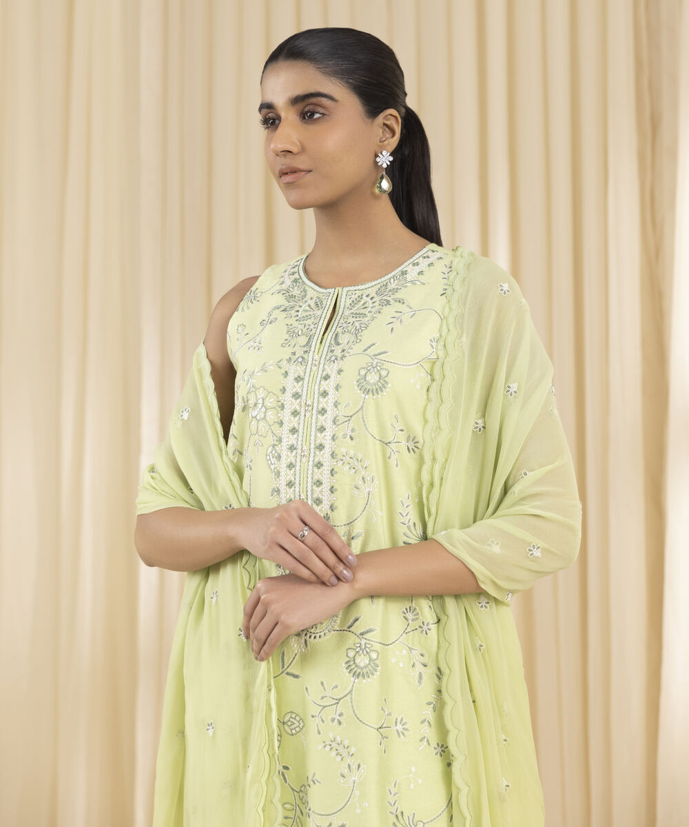 Unstitched Women's Green Cotton Net 3 Piece Suit