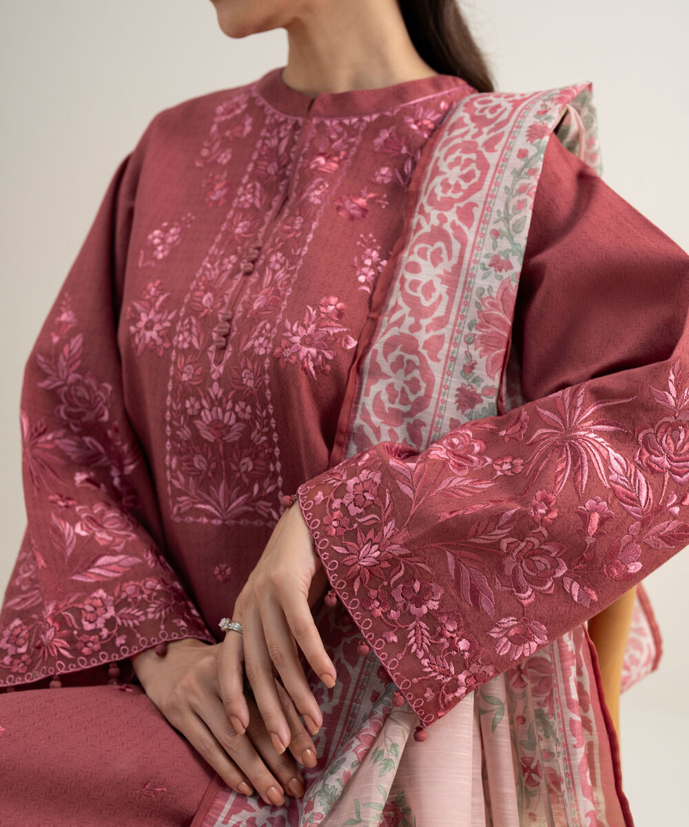 Women's Unstitched Dobby Embroidered Red 3 Piece Suit