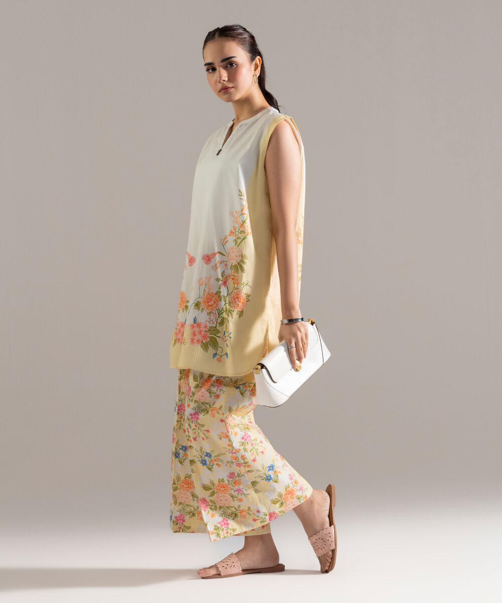 Women's RTW Seersucker Printed Pale Yellow 2 Piece Suit