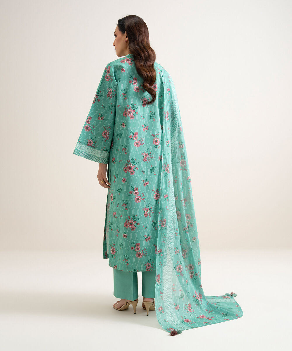 Women's Unstitched Cotton Printed Green 3 Piece Suit