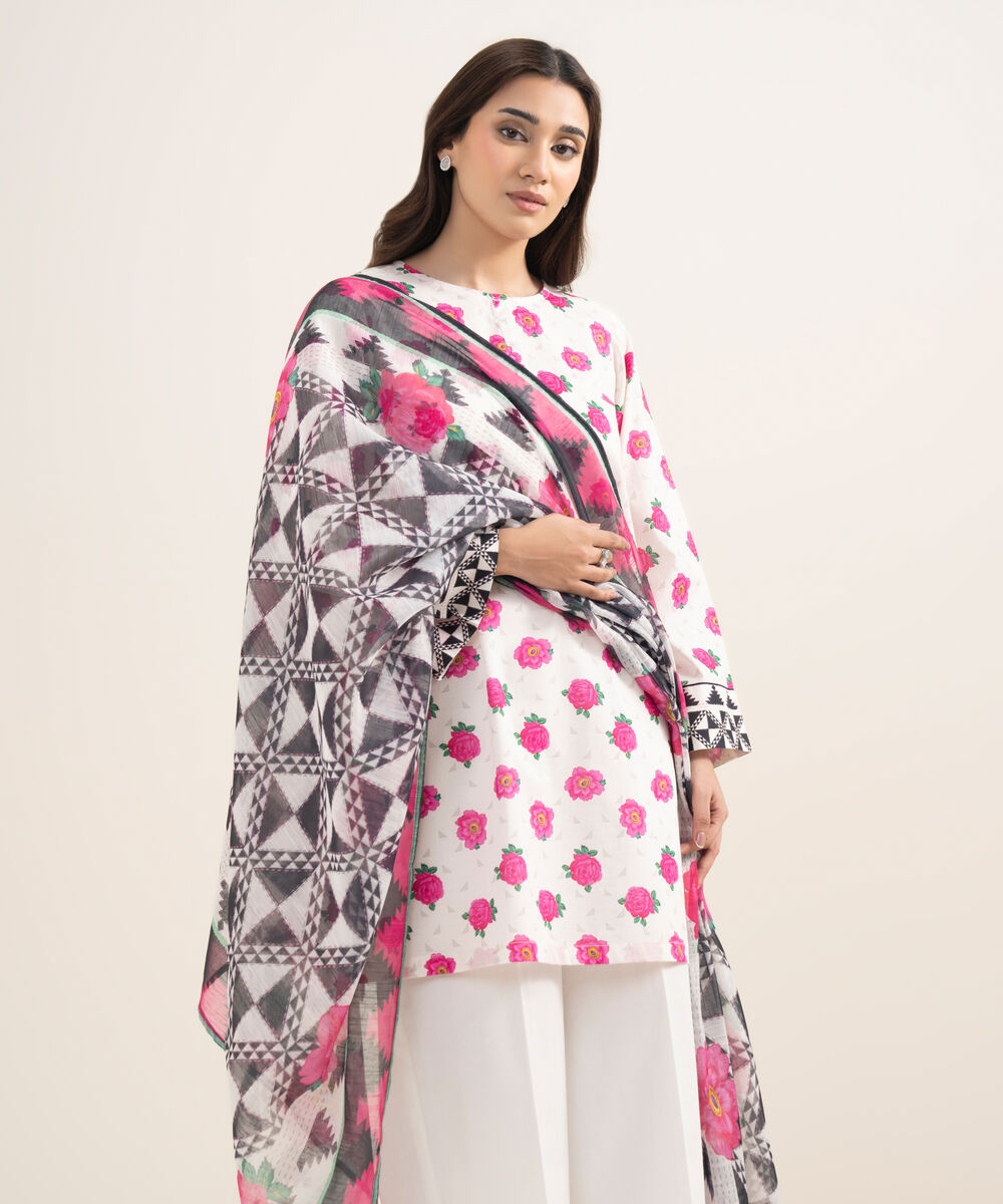 Women's RTW Slub Lawn Printed White 2 Piece Suit