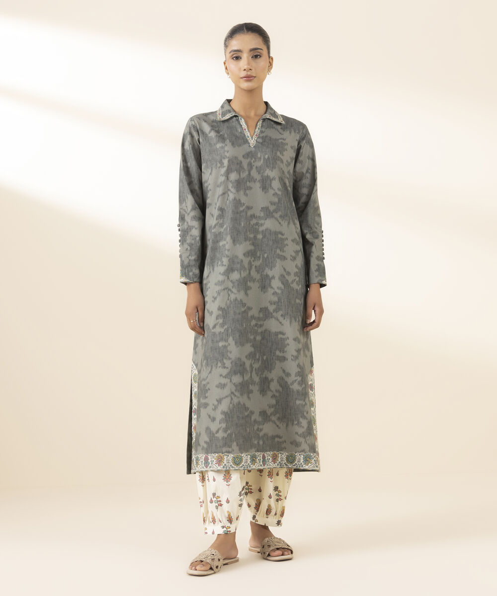 Unstitched Women's Grey Textured Lawn Shirt Trousers