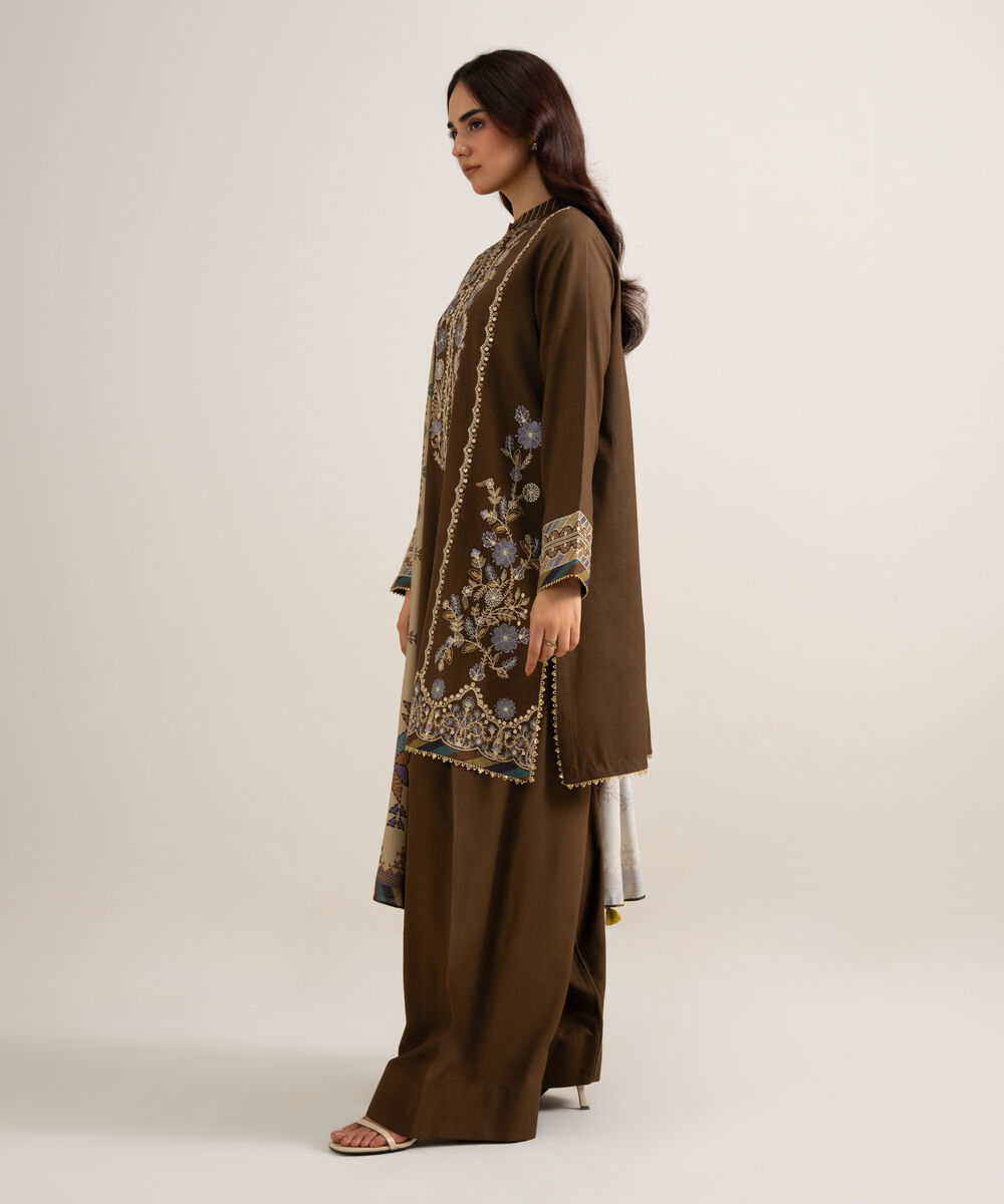 Women's Unstitched Embroidered Linen Brown 3 Piece Suit