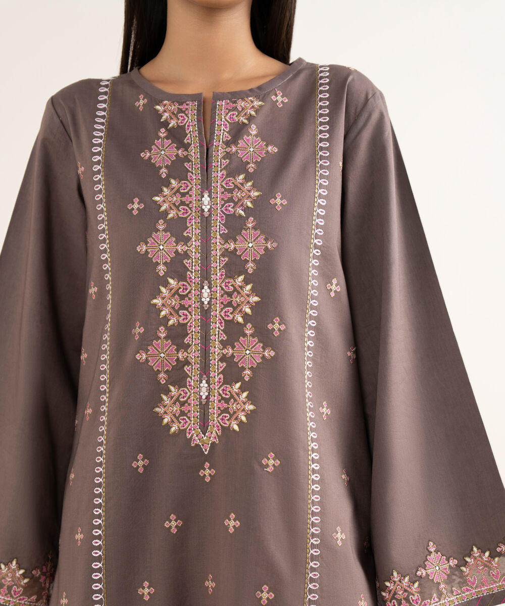 Women's Unstitched Embroidered Cotton Light Brown 3 Piece Suit