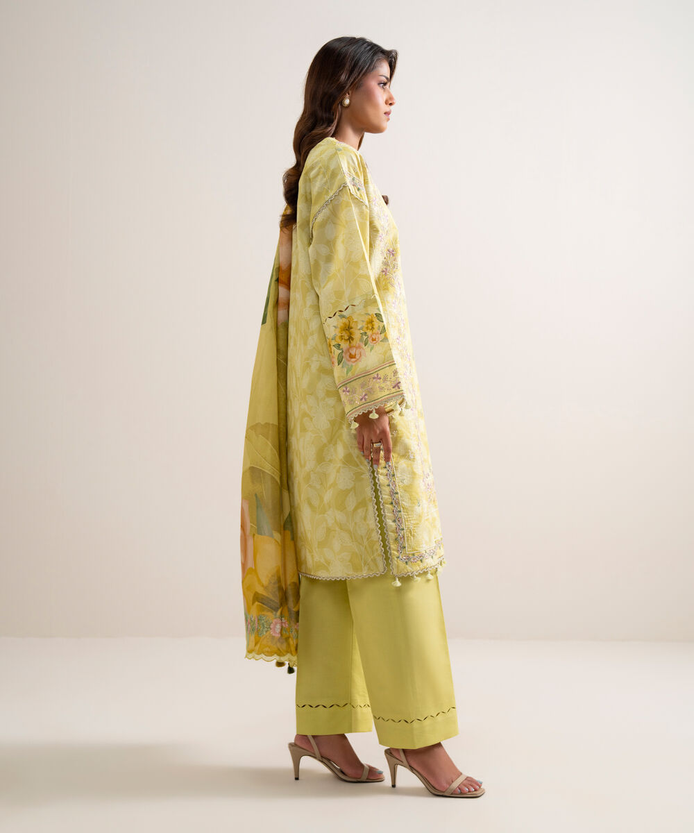 Women's Unstitched Lawn Embroidered Yellow  3 Piece Suit