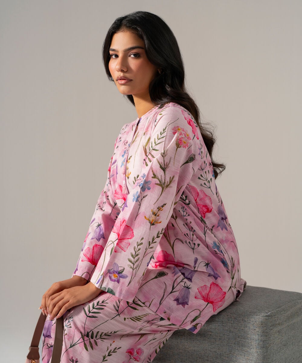 Women's RTW Khaddar Printed Pink Straight Shirt