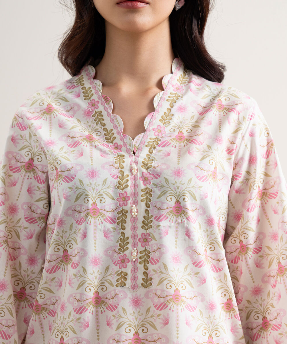 Women's Unstitched Lawn Printed Off White & Pink 3 Piece Suit