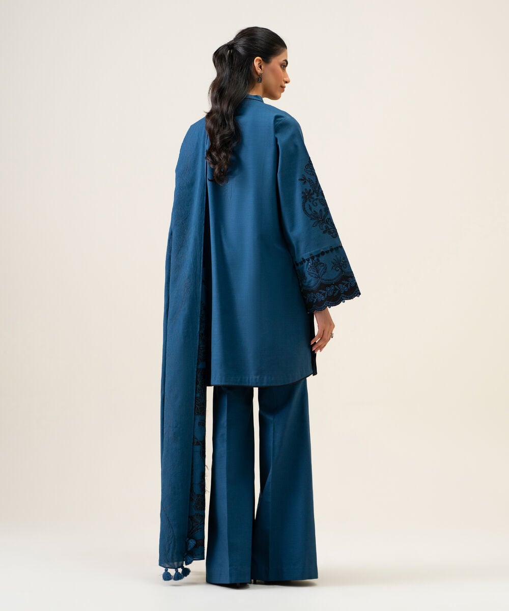 Women's Unstitched Light Khaddar Embroidered Navy Blue 3 Piece Suit