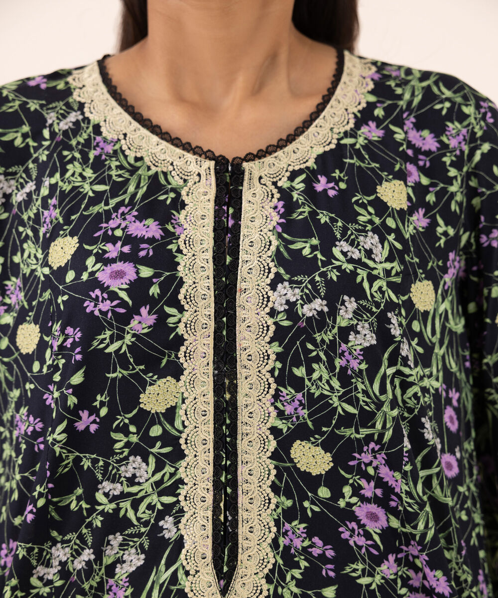 Women's RTW Arabic Lawn Black Embroidered A-Line Shirt