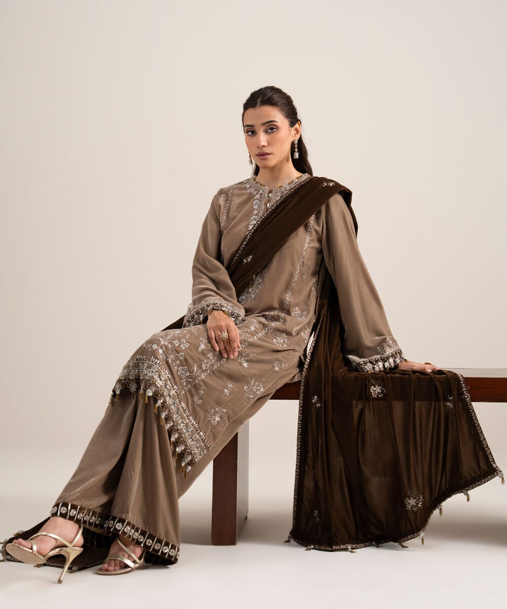 Women's Unstitched Embroidered Velvet Beige 3 Piece Suit