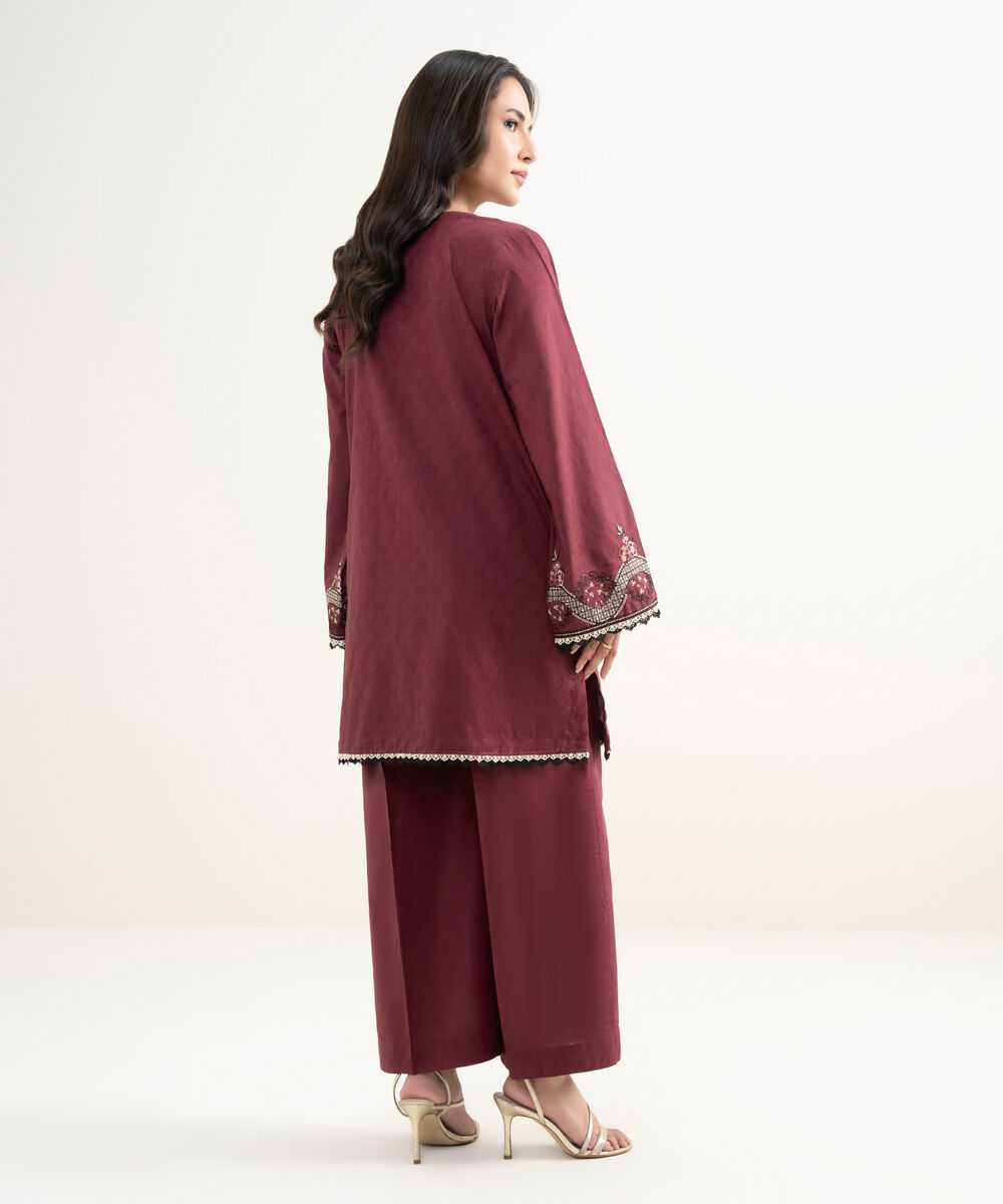 Women's RTW Self Jacquard Embroidered Red Straight Shirt